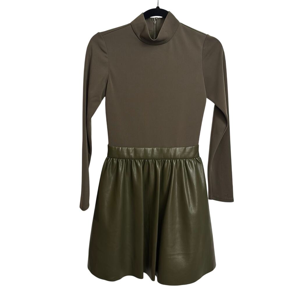 Alice + Olivia Dress Womens 0 Olive Green Chara Vegan Leather Mini Long Sleeve